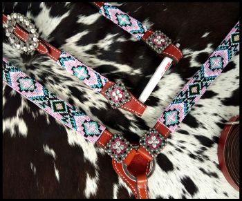 Showman  Beaded Pastel Color 4 Piece Headstall and Breastcollar Set #3